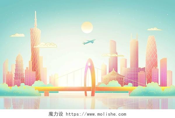 手绘卡通广州城市建筑地标建筑插画海报背景城市建筑广州